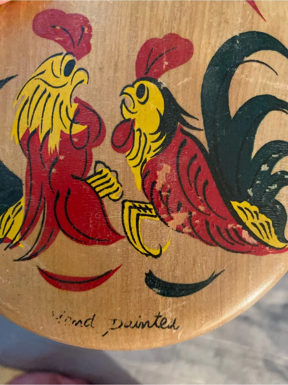 Hand-Painted Rooster Wooden hamburger press - Red, Yellow, Black